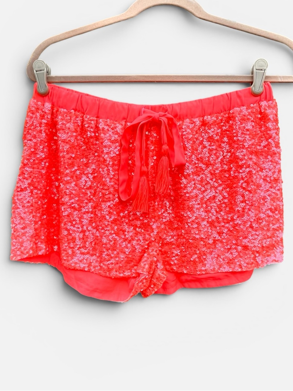 Pia Pauro Sequined Shorts Coral Pink Tassel Drawstring Lined Large